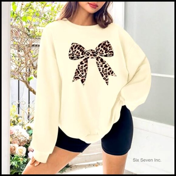 Leopard Print Bow Graphic Sweatshirt Preppy Pullover Trendy Casual Crewneck - Picture 6 of 7